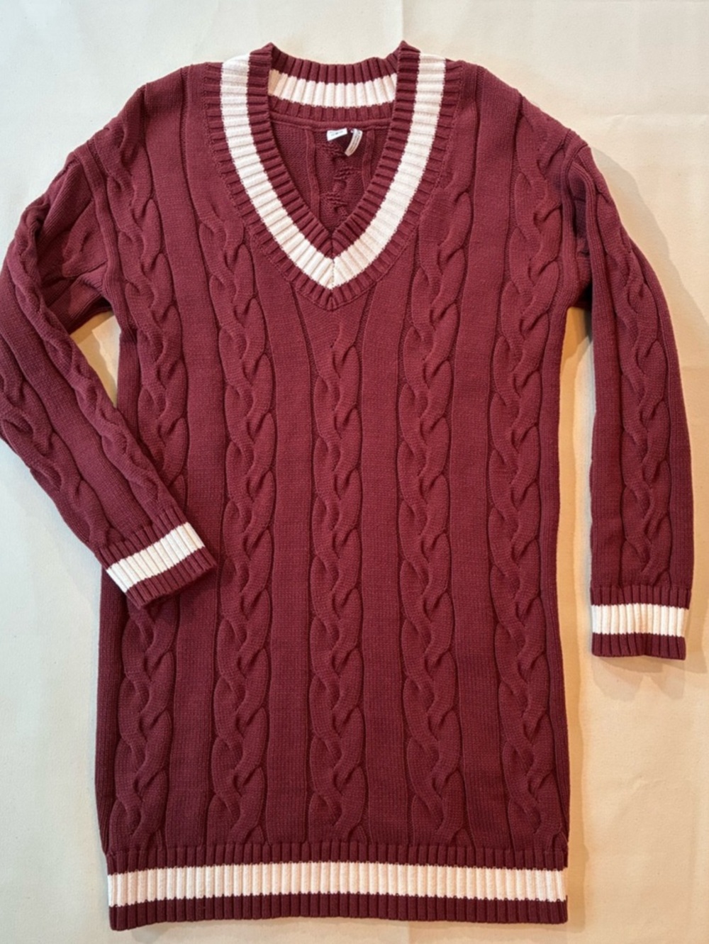 Twik Simons Vision Cable Knit V Neck Sweater Dress Burgundy XS